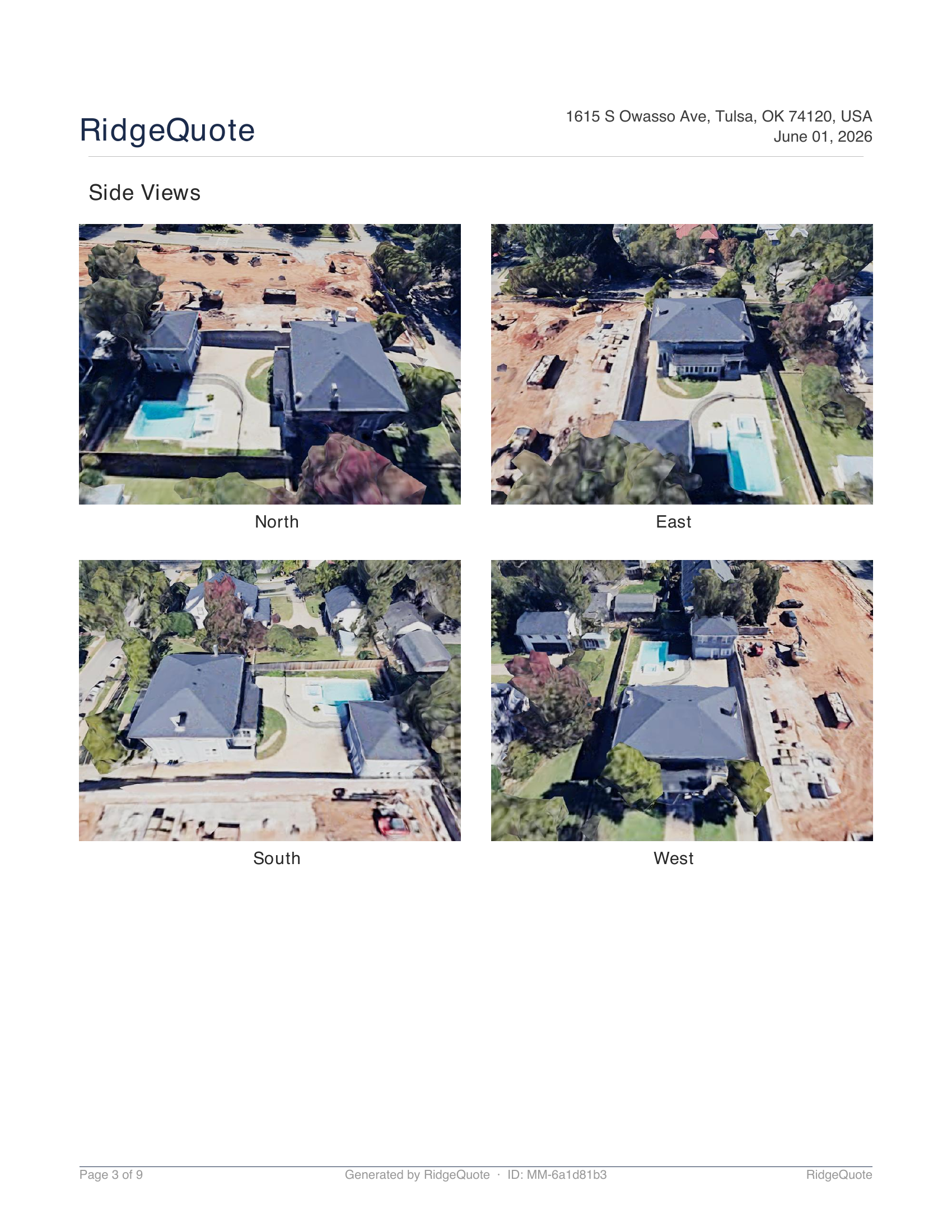 Four oblique aerial photos of the roof — north, east, south, west