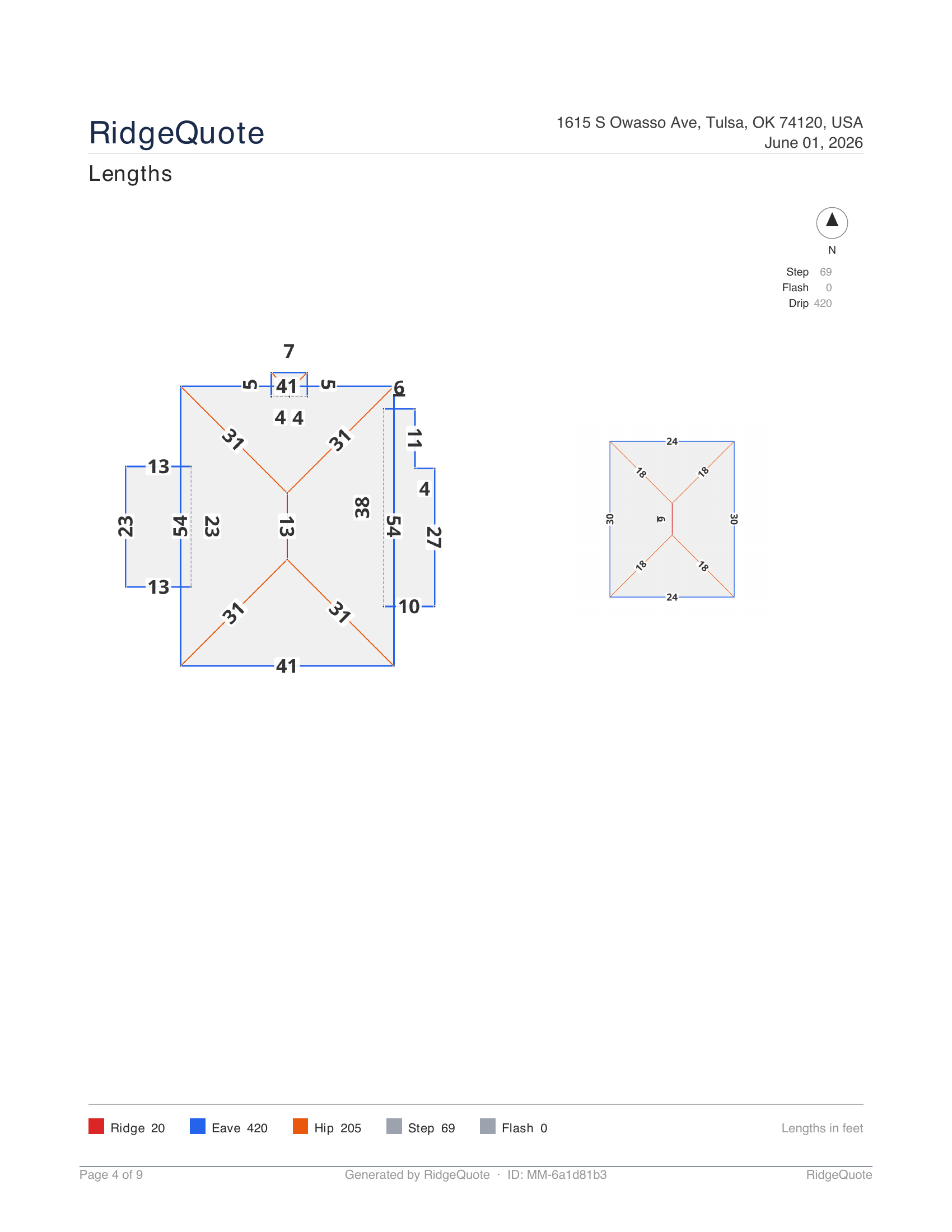 Annotated roof measurement diagram with every edge labeled in feet